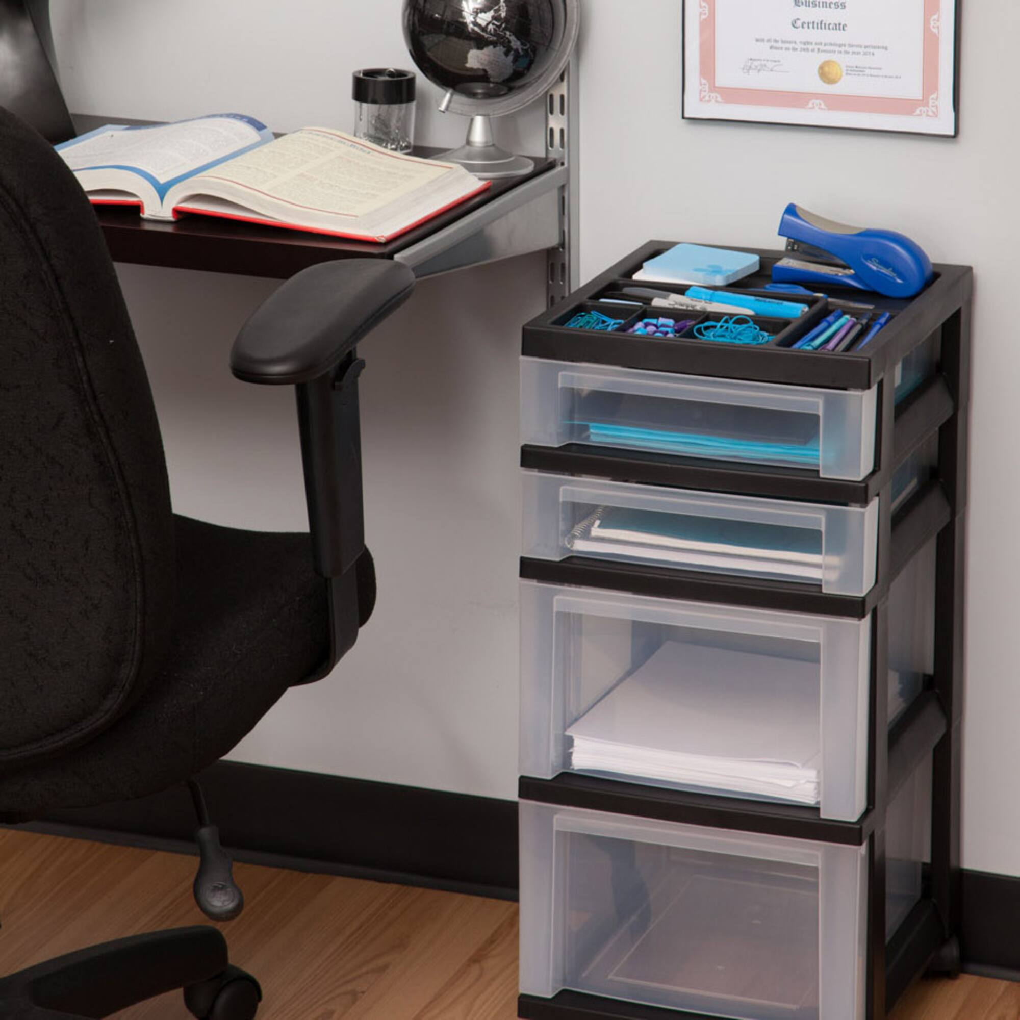 Iris® Black 4-Drawer Storage Cart with Organizer Top